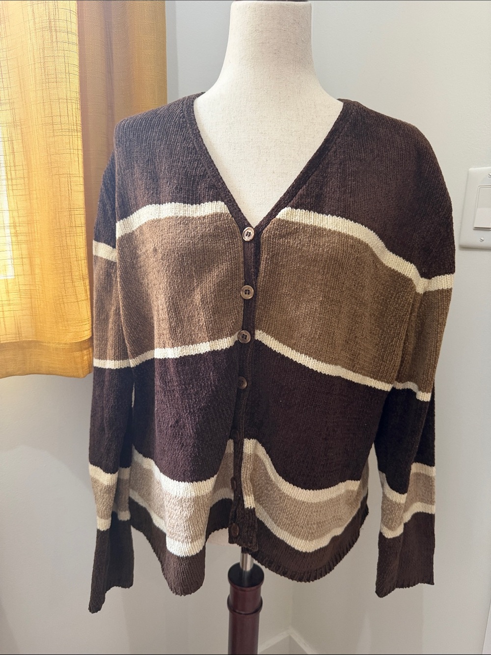 Striped Brown V-Neck Button Front Cardigan Sweater